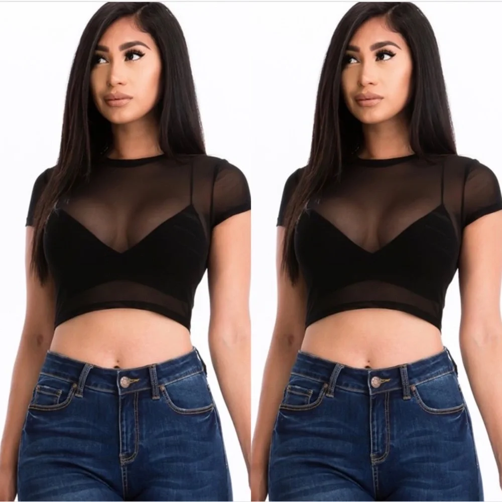 NEW TRENDY BLACK SHORT SLEEVE SHEER MESH CROPPED TOP SHIRT - Picture 1 of 2